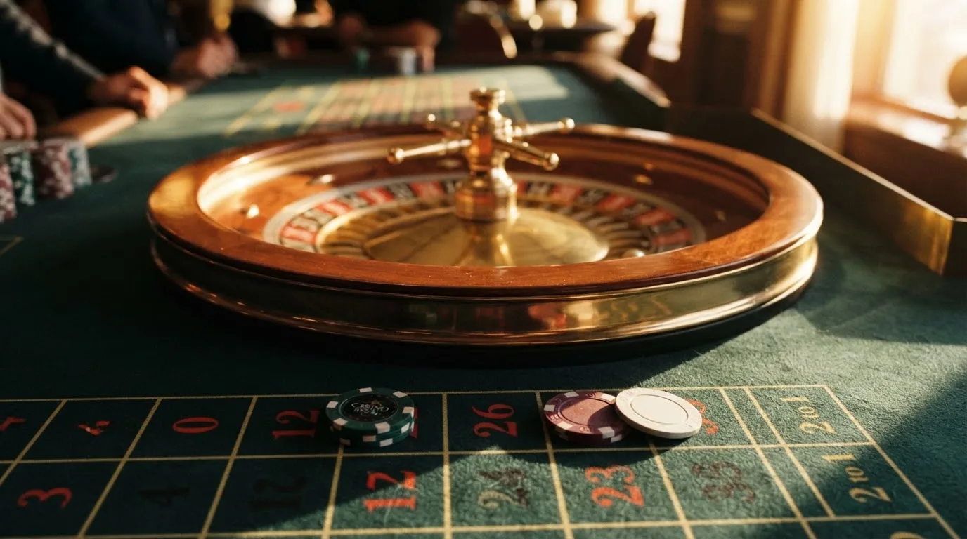 Roda de roleta e fichas sobre feltro verde, sob uma luz quente de fim de tarde — 1 euro casino em portugal