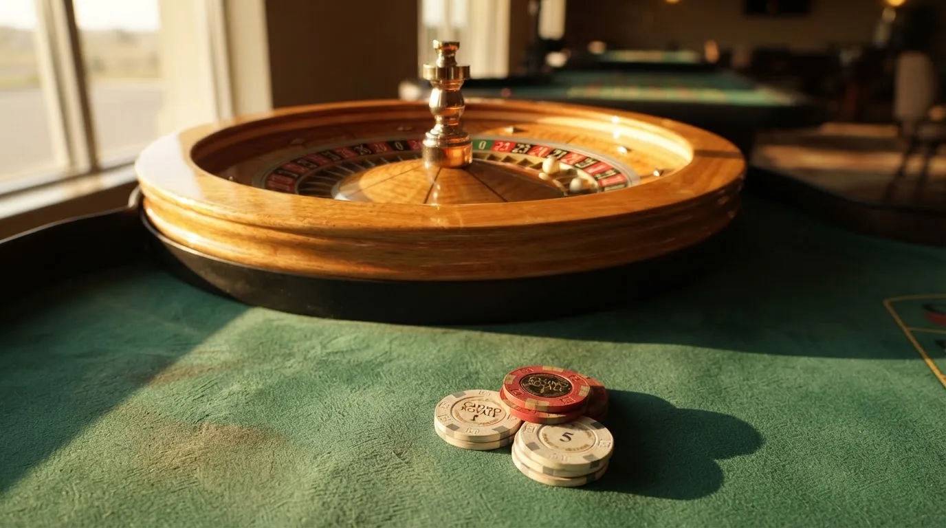 Roda de roleta e fichas sobre feltro verde, sob uma luz quente de fim de tarde — 10 euro casino em portugal