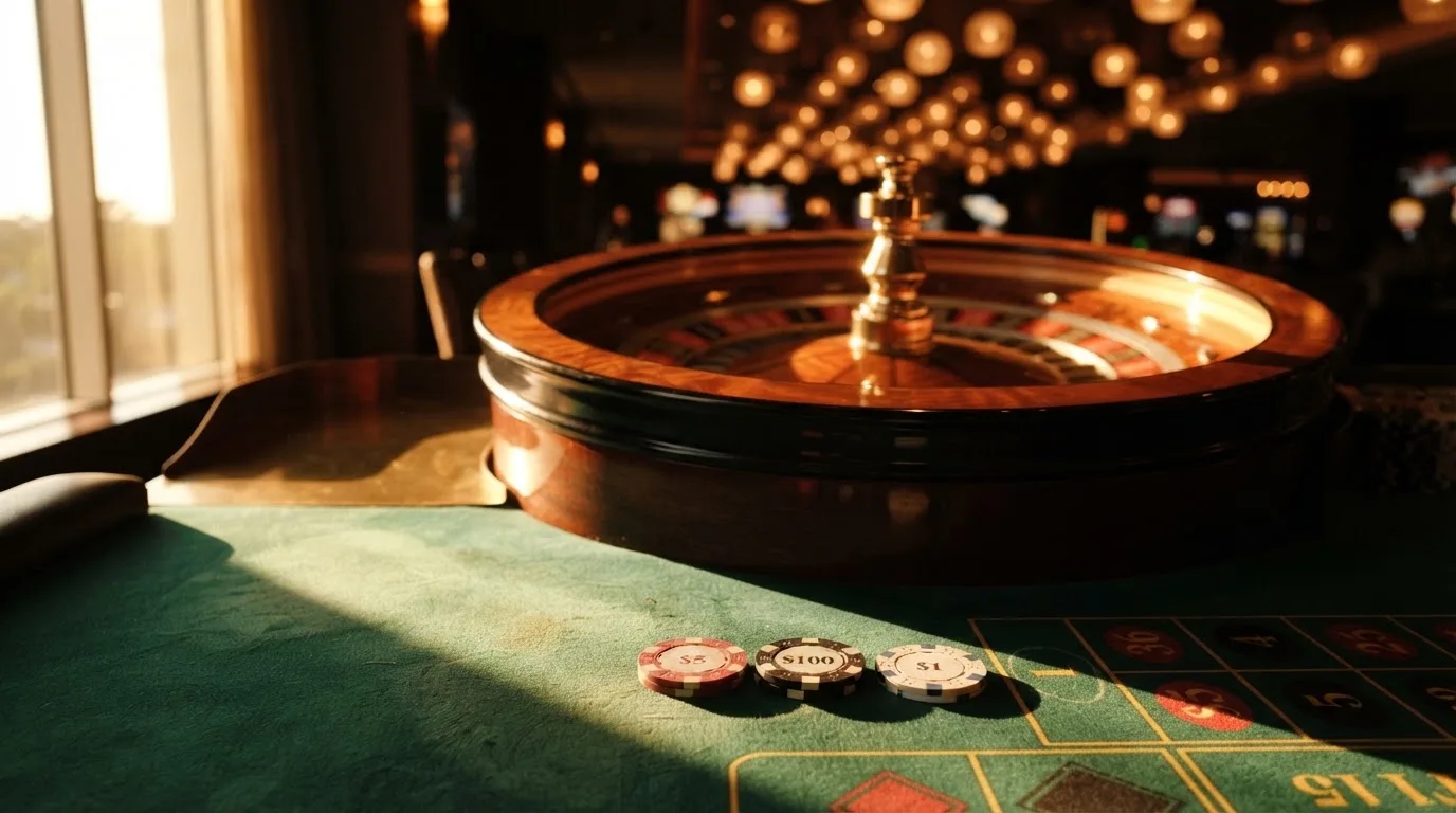 Roda de roleta e fichas sobre feltro verde, sob uma luz quente de fim de tarde — 20 euro casino em portugal