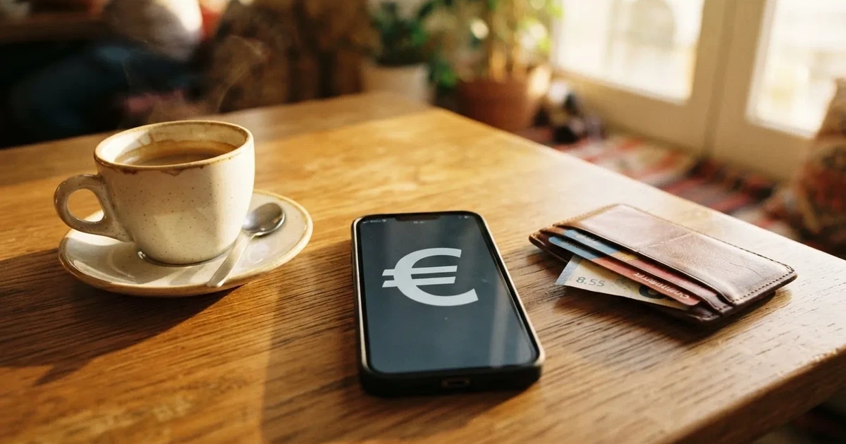 Telemóvel numa mesa de madeira ao lado de uma carteira e de uma chávena de café — 20 euro casino em portugal