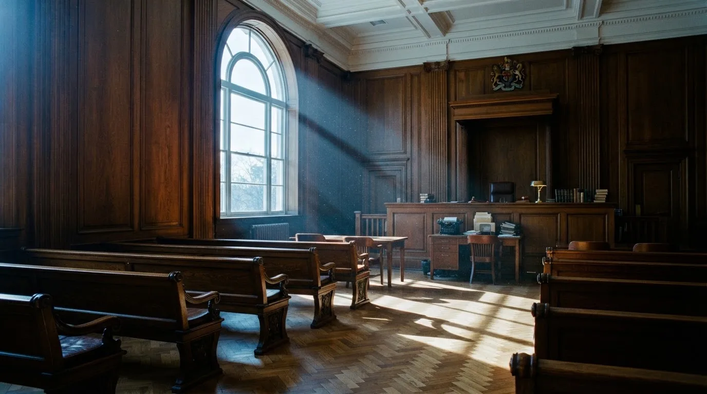 Sala de tribunal vazia com painéis de madeira, à luz da manhã — 5 euro casino em portugal