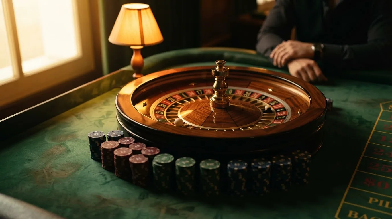 Roda de roleta e fichas sobre feltro verde, sob uma luz quente de fim de tarde — 5 euro casino em portugal