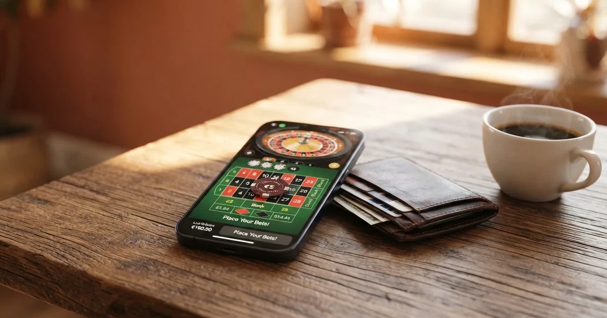 Telemóvel numa mesa de madeira ao lado de uma carteira e de uma chávena de café — 5 euro casino em portugal