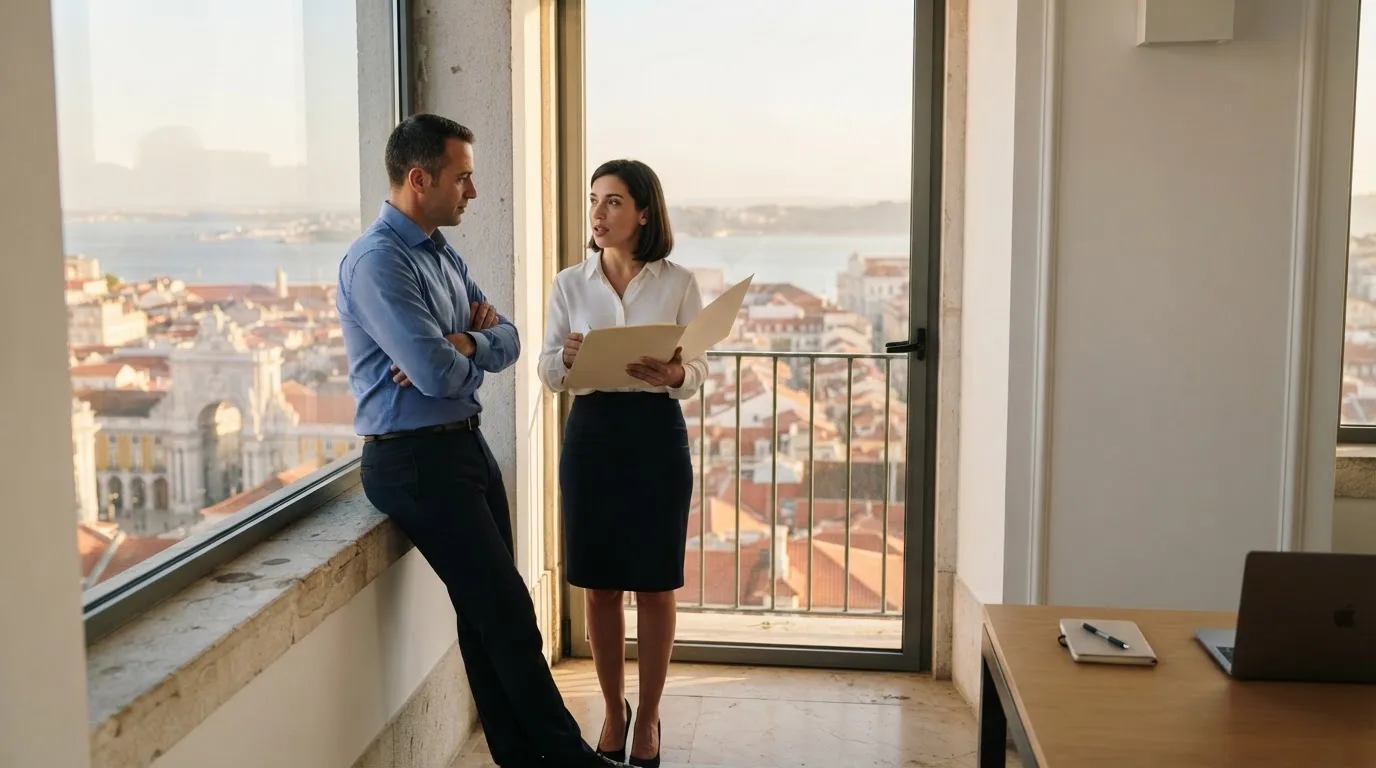 Duas pessoas de camisa a conversar junto a uma janela grande de um escritório público, com a cidade de Lisboa desfocada atrás.