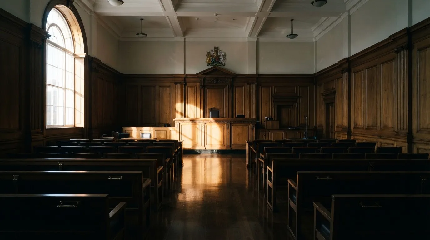 Sala de tribunal vazia com painéis de madeira, à luz da manhã — blackjack ao vivo em portugal