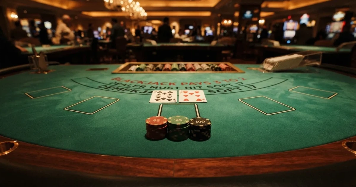 Mesa de jogo iluminada com cartas, vista de cima — blackjack ao vivo em portugal