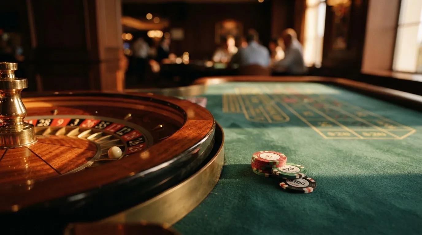 Roda de roleta e fichas sobre feltro verde, sob uma luz quente de fim de tarde — blackjack casinos em portugal