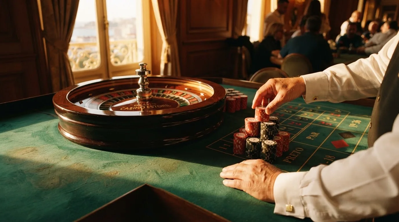 Roda de roleta e fichas sobre feltro verde, sob uma luz quente de fim de tarde — blackjack online casino em portugal