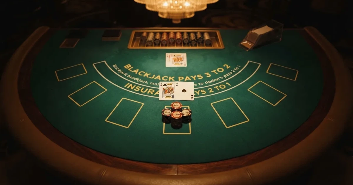 Mesa de jogo iluminada com cartas, vista de cima — blackjack online casino em portugal