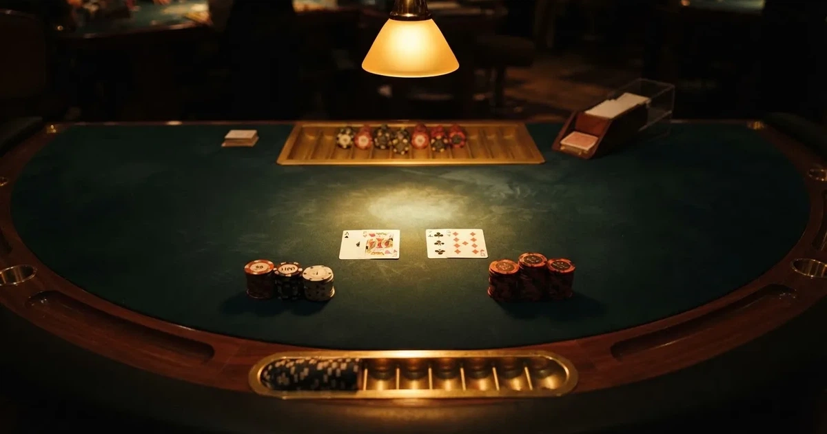 Mesa de jogo iluminada com cartas, vista de cima — blackjack regras para portugueses