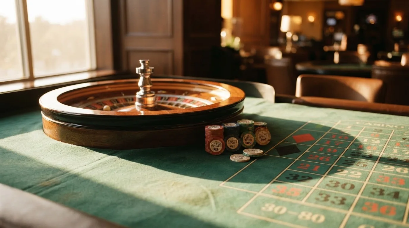Roda de roleta e fichas sobre feltro verde, sob uma luz quente de fim de tarde — caça-níqueis em casinos portugueses