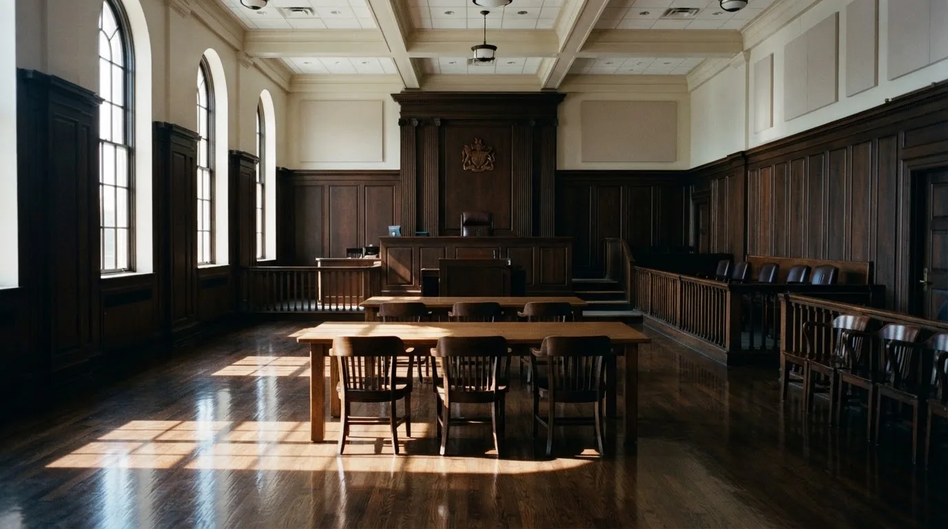 Sala de tribunal vazia com painéis de madeira, à luz da manhã — caça-níqueis grátis em portugal