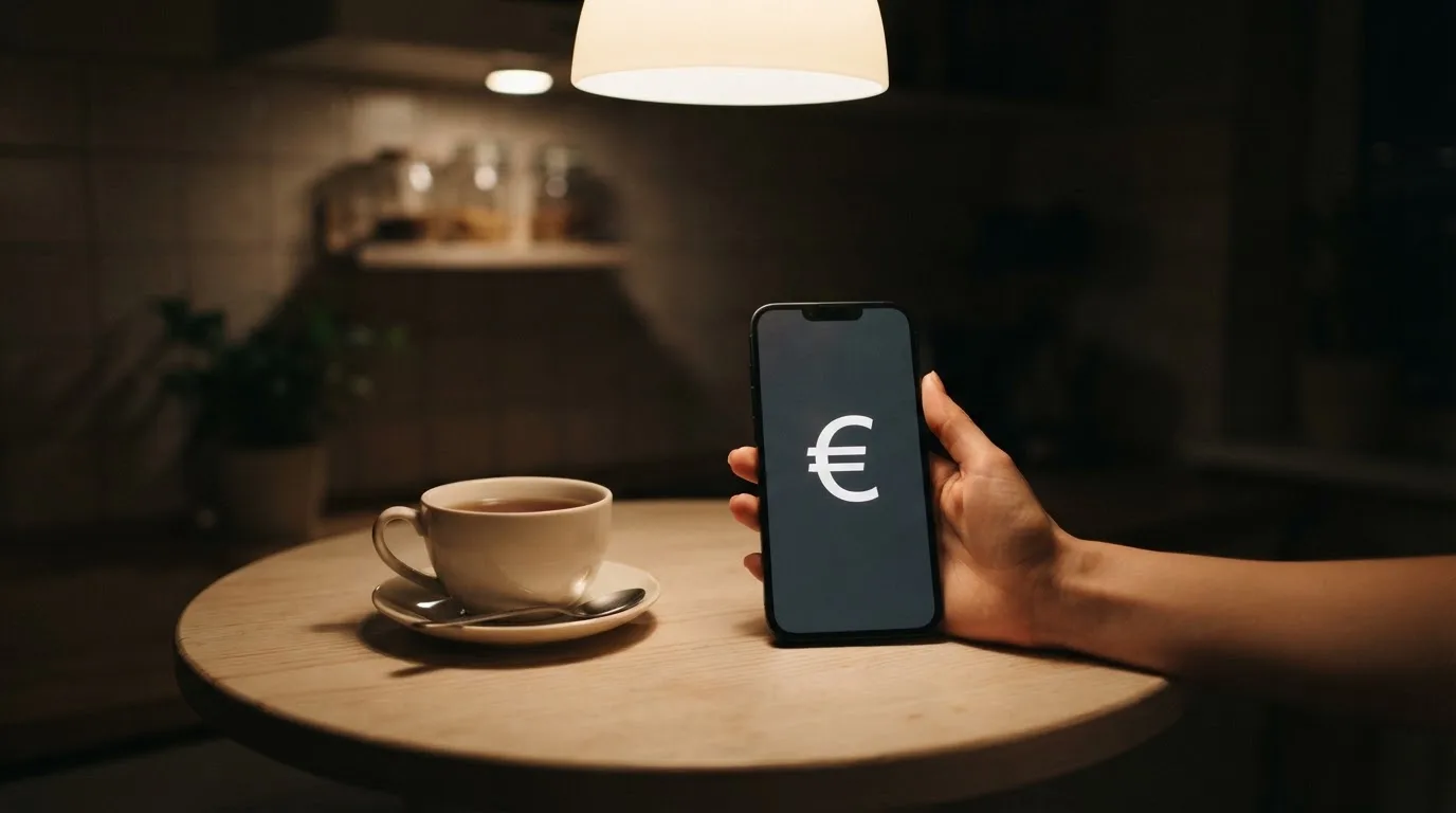 Mão a segurar um telemóvel ao lado de uma chávena de chá numa mesa de cozinha, numa noite tranquila — casino apostas em portugal