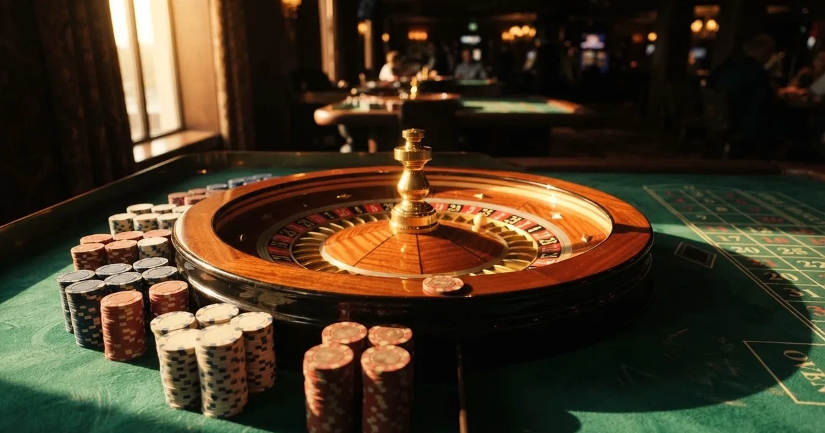 Roda de roleta e fichas sobre feltro verde, sob uma luz quente de fim de tarde — casino apostas em portugal