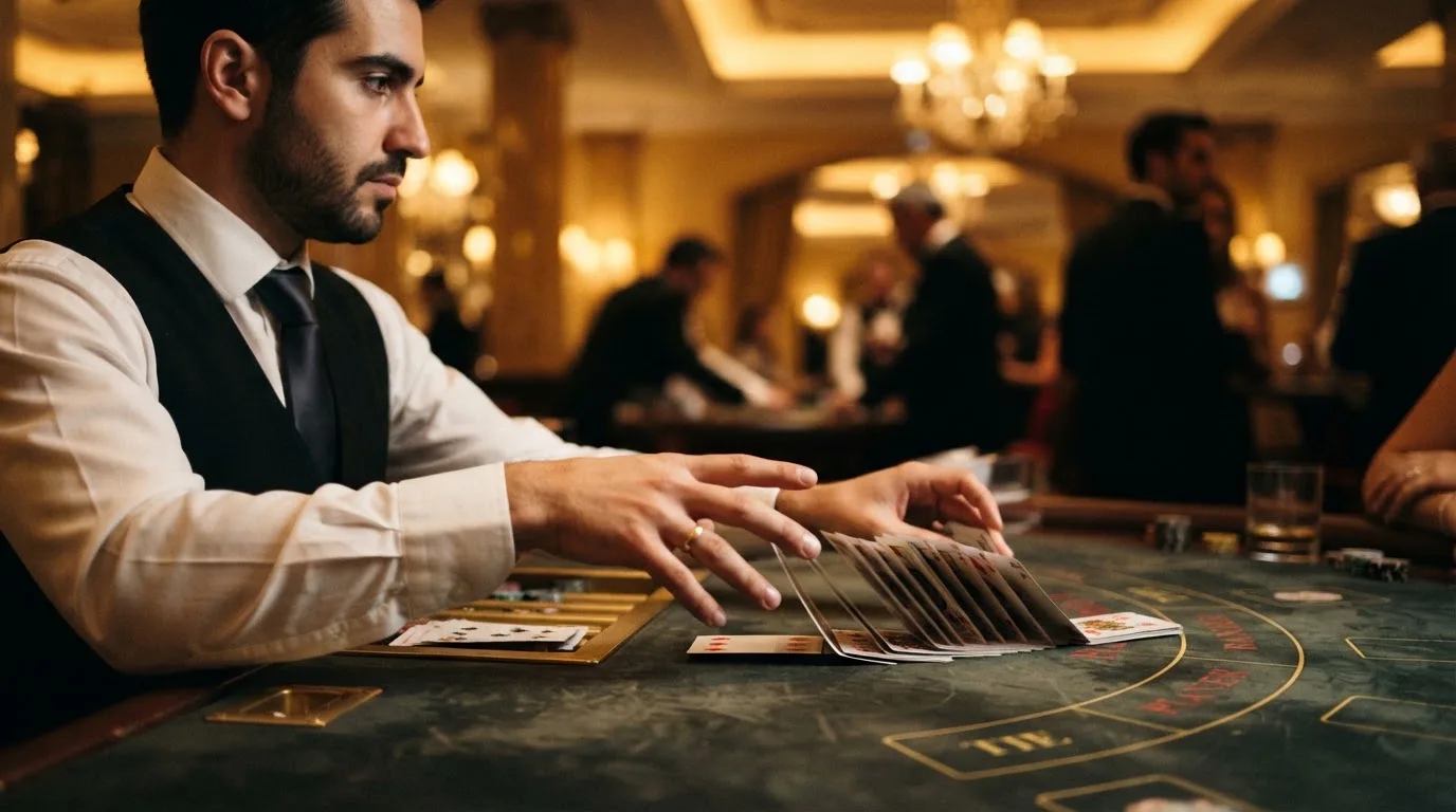 Croupier de gravata a baralhar cartas com destreza, vista lateral, fundo desfocado de um salão de casino em Portugal.