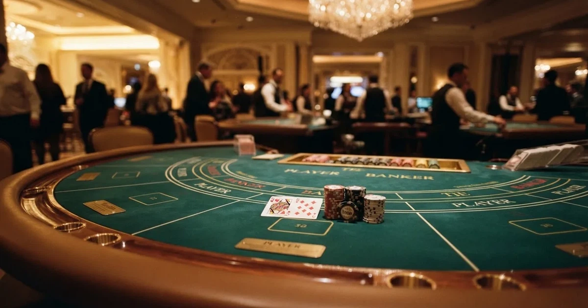 Mesa semicircular de bacará num casino elegante, com feltro verde e lugares vazios, iluminação dourada e fichas arrumadas por cores.