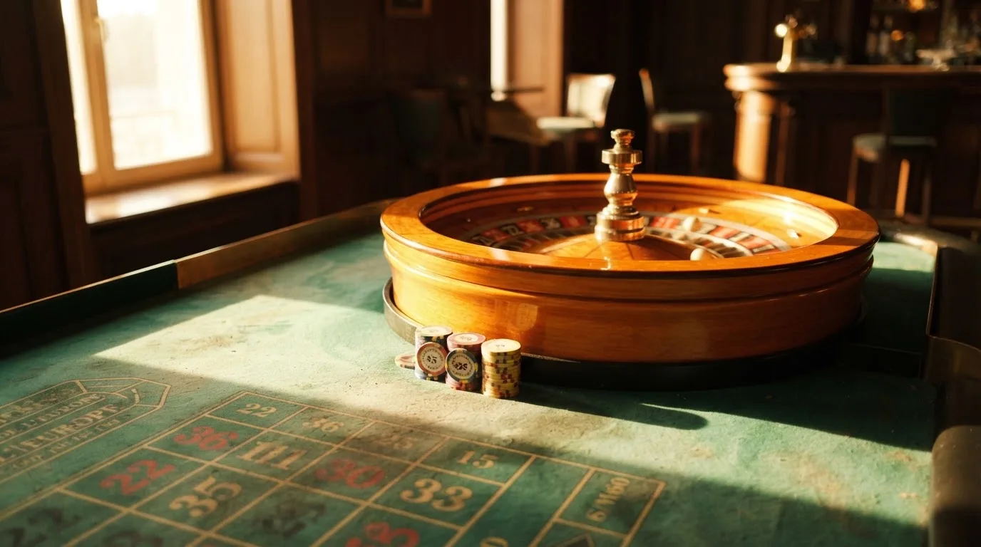 Roda de roleta e fichas sobre feltro verde, sob uma luz quente de fim de tarde — casino com bingo em portugal