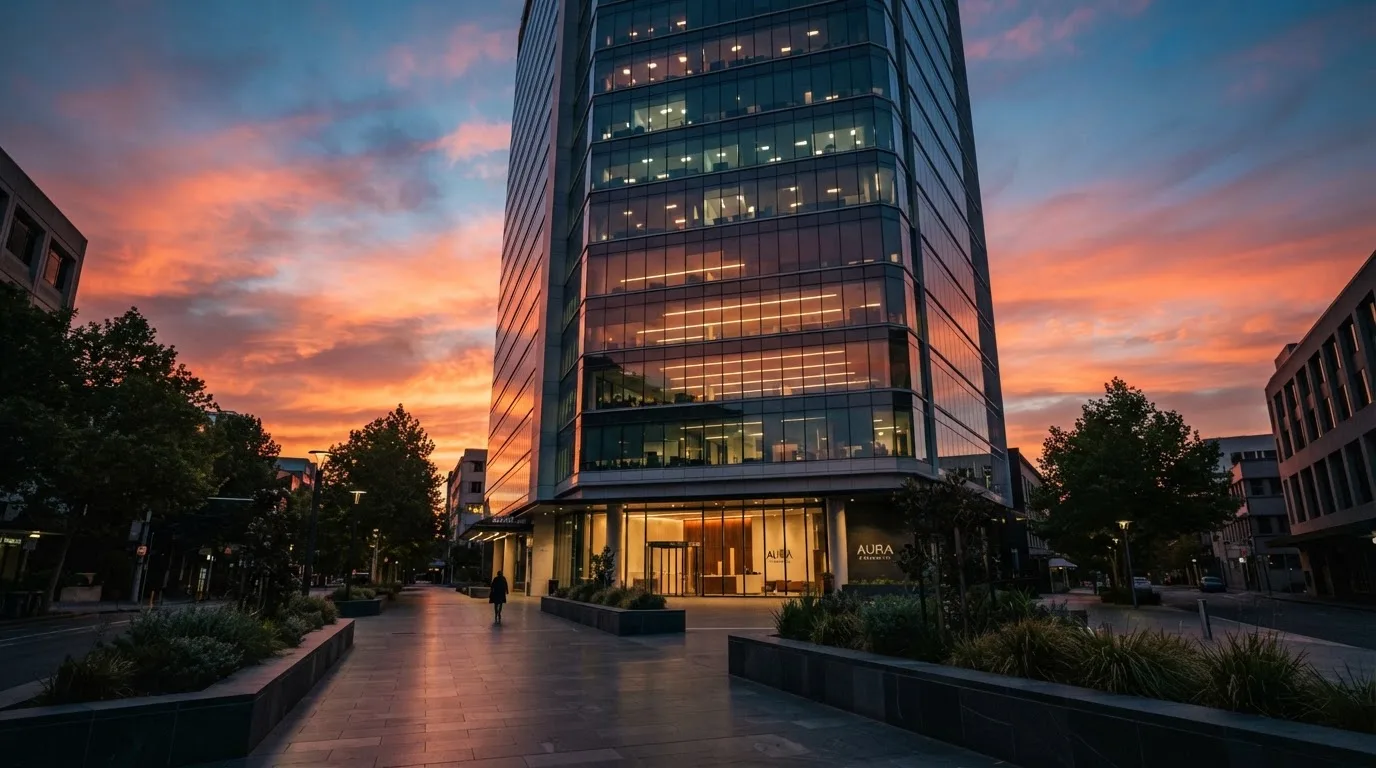 Edifício de escritórios com fachada de vidro ao entardecer, reflexo do céu cor-de-laranja e uma rua tranquila em primeiro plano.
