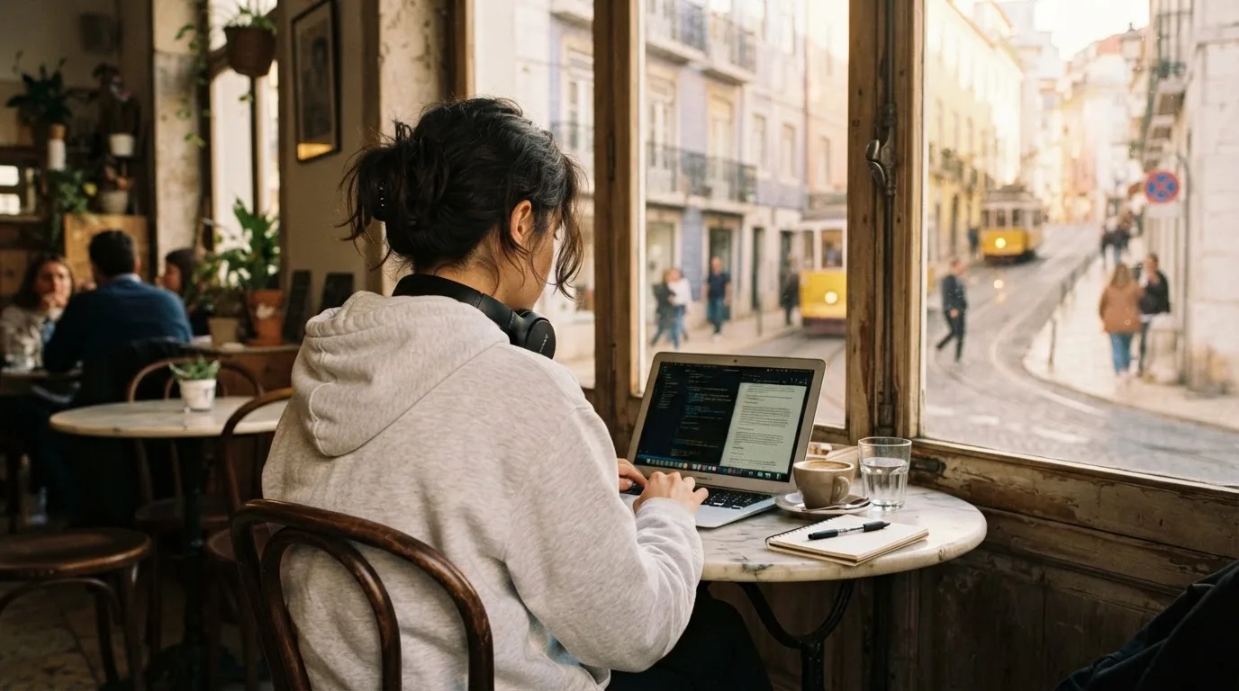 Jovem a trabalhar num café com portátil e auscultadores ao pescoço, esplanada de Lisboa ao fundo, luz suave.
