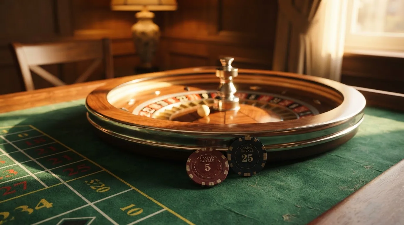 Roda de roleta e fichas sobre feltro verde, sob uma luz quente de fim de tarde — casino com bônus no cadastro pt