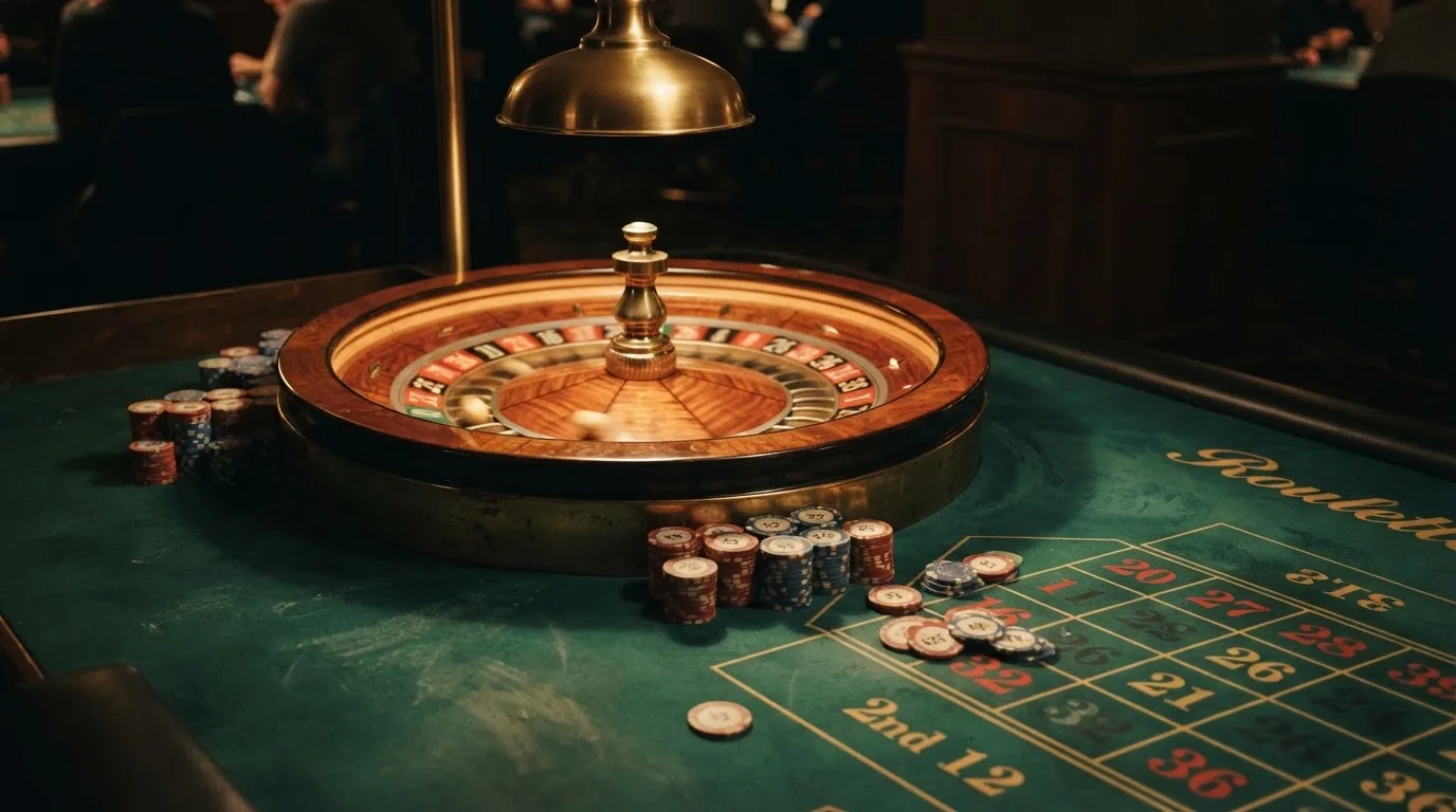 Roda de roleta e fichas sobre feltro verde, sob uma luz quente de fim de tarde — casino com dinheiro em portugal