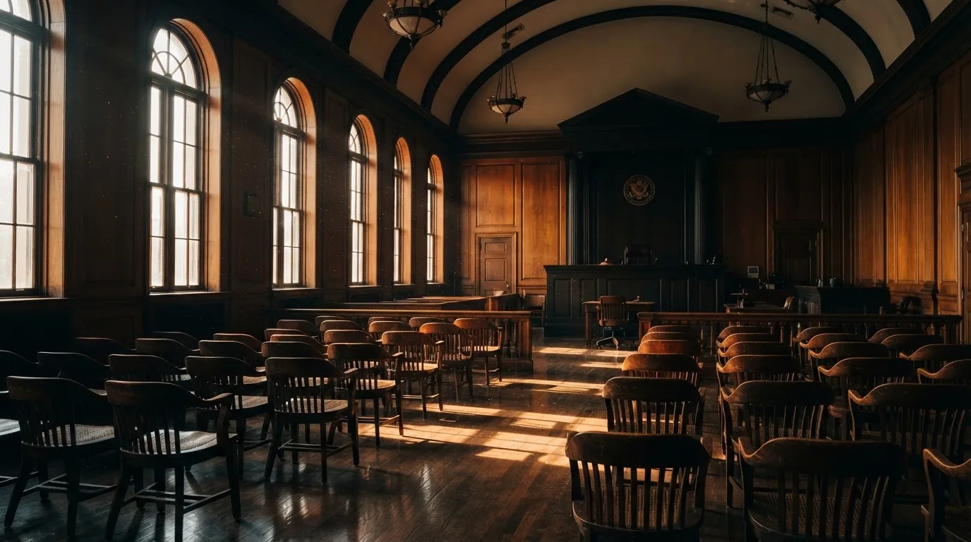 Sala de tribunal vazia com painéis de madeira, à luz da manhã — casino com ethereum em portugal