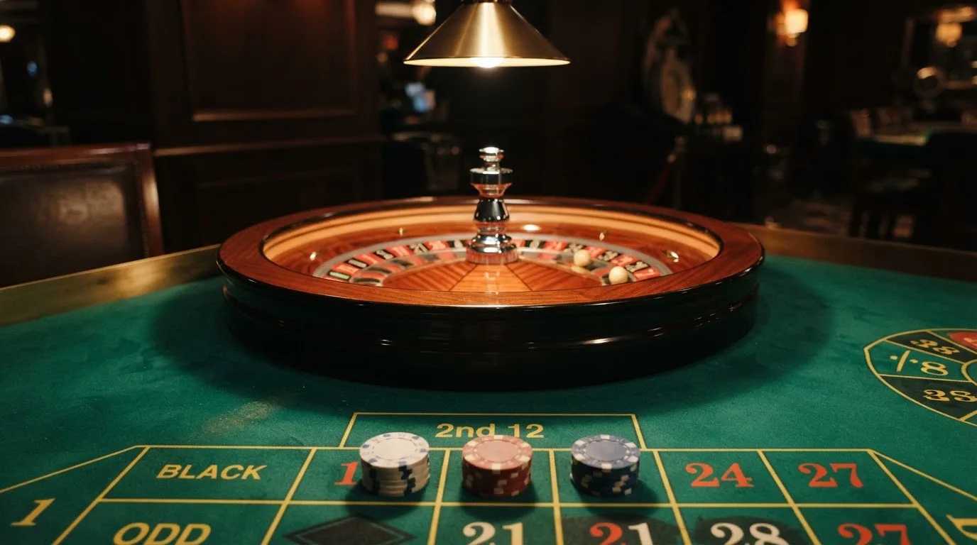 Roda de roleta e fichas sobre feltro verde, sob uma luz quente de fim de tarde — casino com ethereum em portugal
