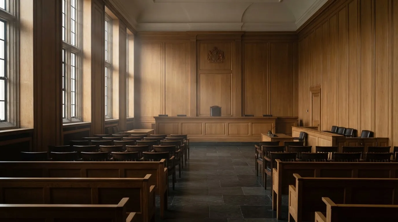 Sala de tribunal vazia com painéis de madeira, à luz da manhã — casino com free spins em portugal