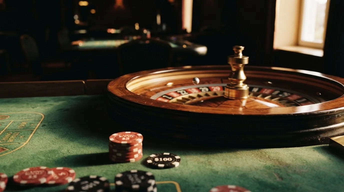Roda de roleta e fichas sobre feltro verde, sob uma luz quente de fim de tarde — casino com free spins em portugal