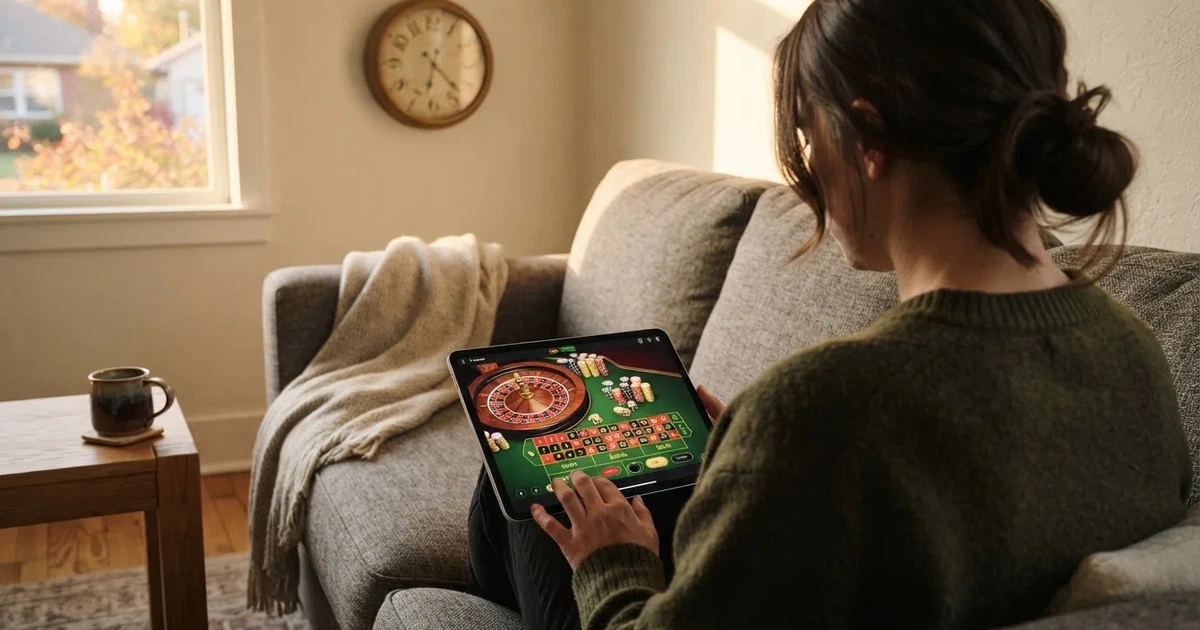 Pessoa num sofá a olhar pensativa para um tablet, com um relógio na parede atrás — casino com free spins em portugal