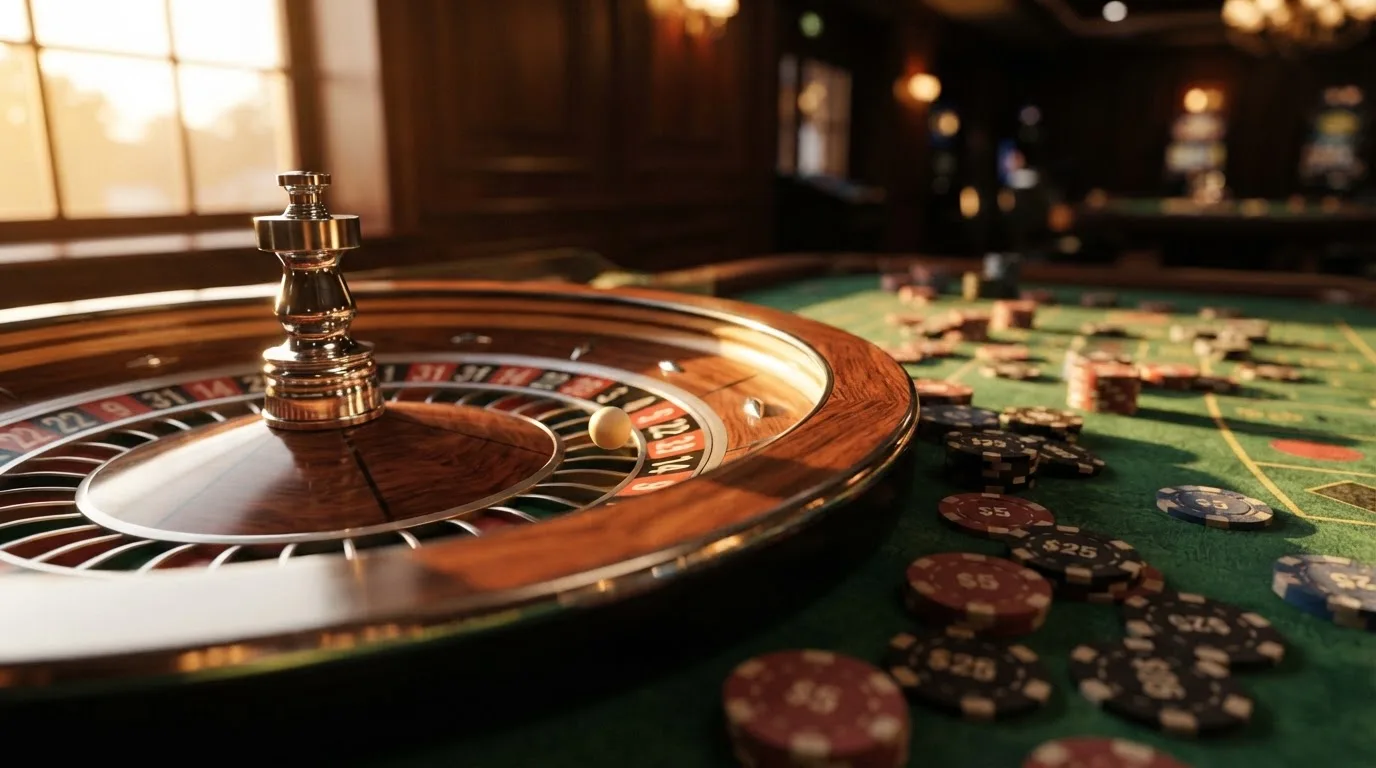 Roda de roleta e fichas sobre feltro verde, sob uma luz quente de fim de tarde — casino com grátis spins pt
