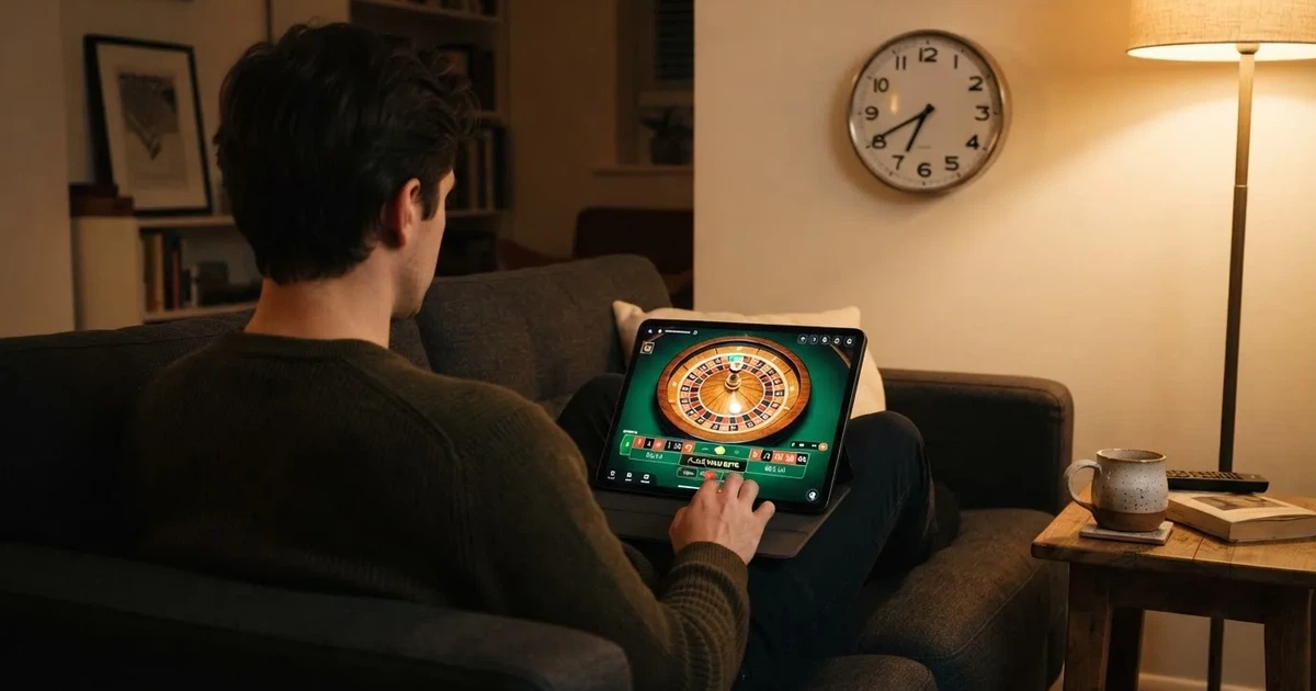 Pessoa num sofá a olhar pensativa para um tablet, com um relógio na parede atrás — casino com grátis spins pt