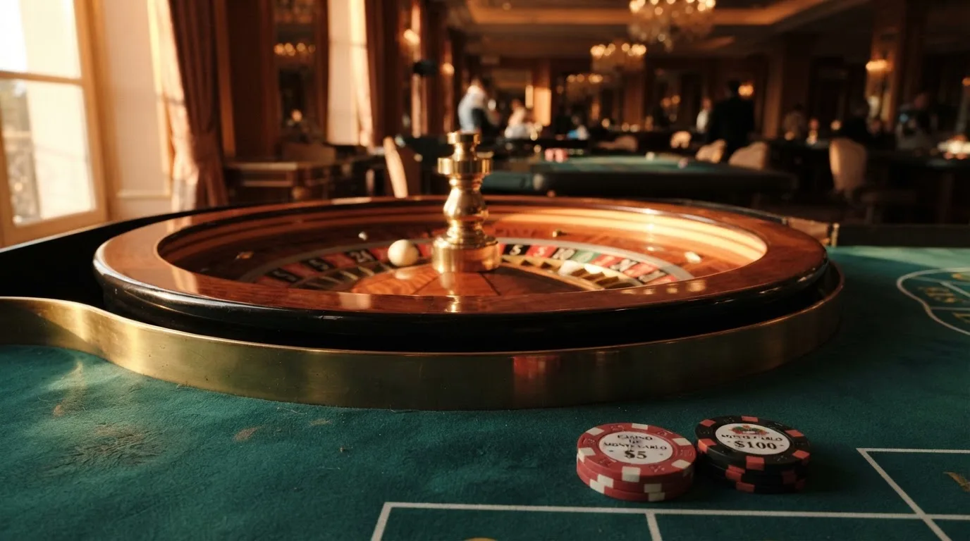 Roda de roleta e fichas sobre feltro verde, sob uma luz quente de fim de tarde — casino com levantamento pt