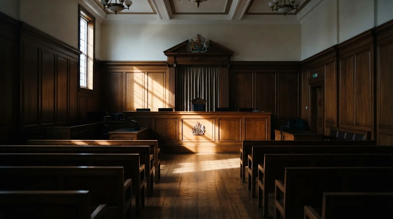Sala de tribunal vazia com painéis de madeira, à luz da manhã — casino com litecoin em portugal