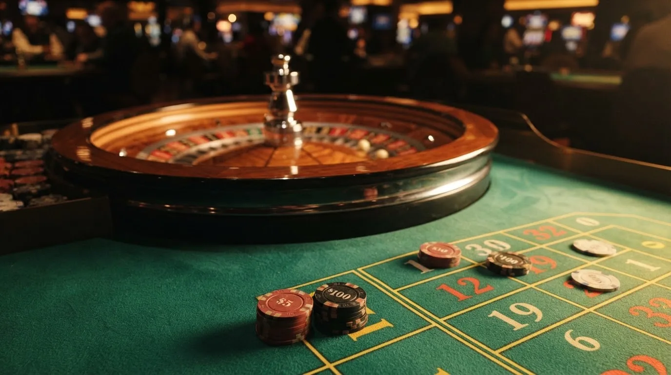 Roda de roleta e fichas sobre feltro verde, sob uma luz quente de fim de tarde — casino com litecoin em portugal
