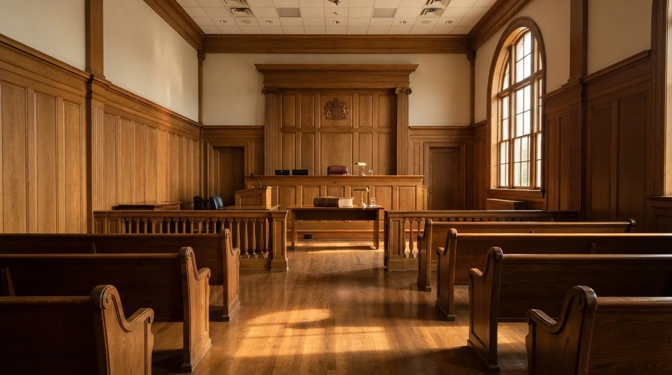 Sala de tribunal vazia com painéis de madeira, à luz da manhã — casino com solana em portugal