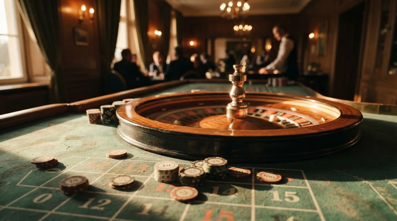 Roda de roleta e fichas sobre feltro verde, sob uma luz quente de fim de tarde — casino com solana em portugal