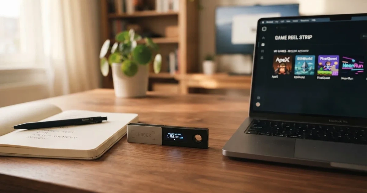 Carteira de hardware e computador portátil numa secretária, com luz suave — casino com solana em portugal