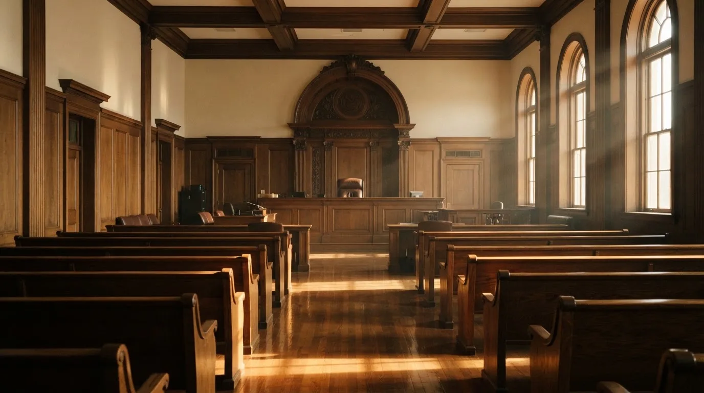 Sala de tribunal vazia com painéis de madeira, à luz da manhã — casino com tether em portugal