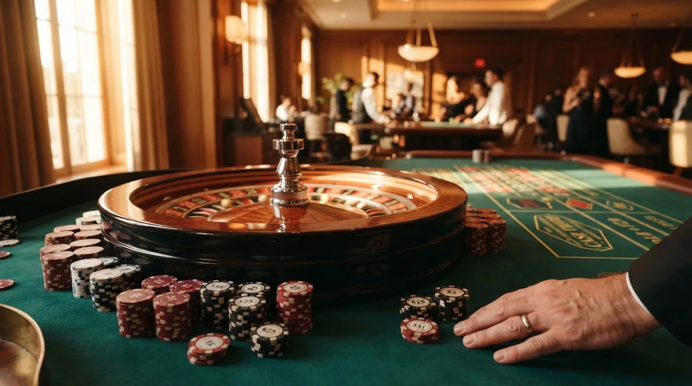 Roda de roleta e fichas sobre feltro verde, sob uma luz quente de fim de tarde — casino com tether em portugal