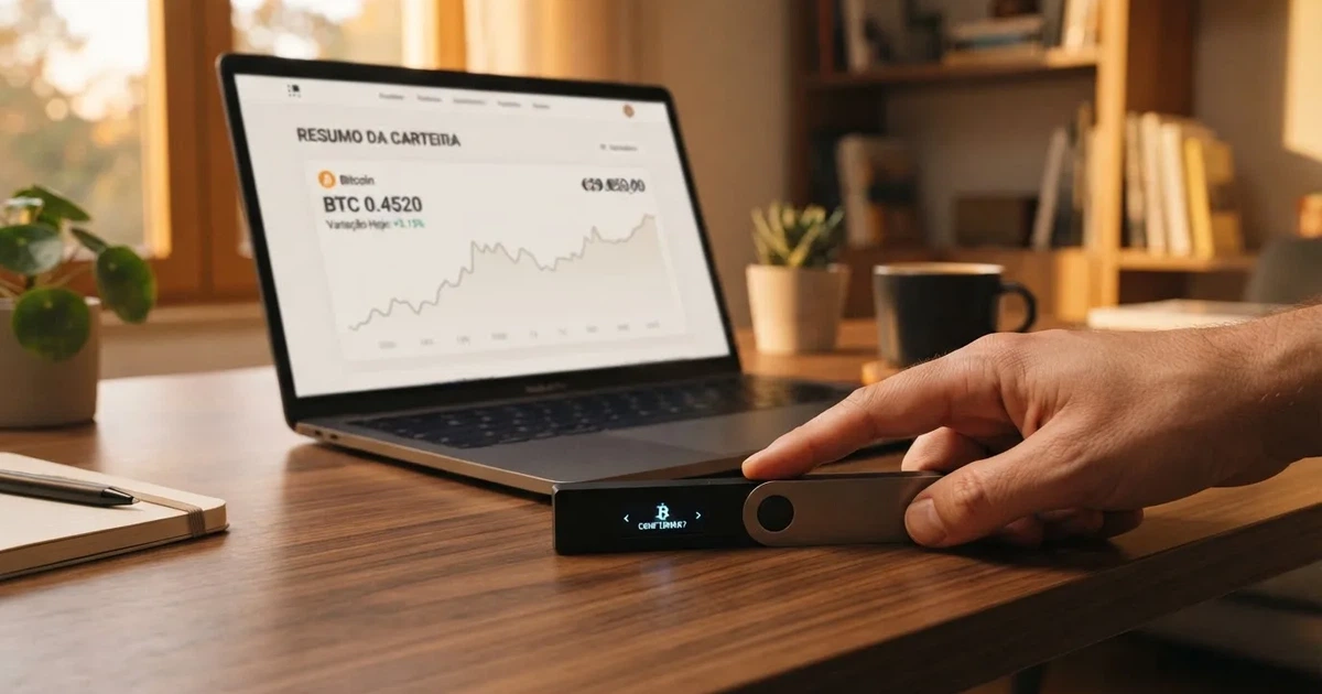 Carteira de hardware e computador portátil numa secretária, com luz suave — casino com tether em portugal
