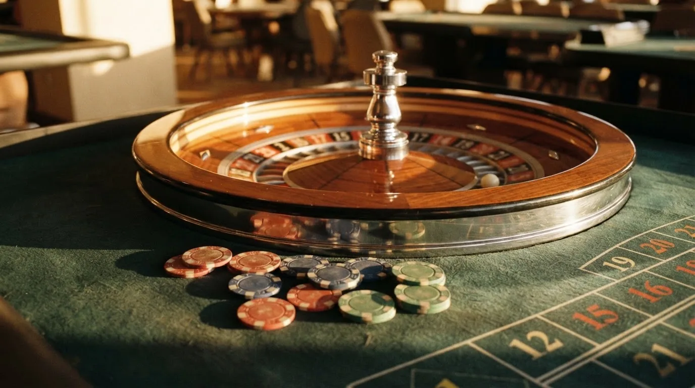 Roda de roleta e fichas sobre feltro verde, sob uma luz quente de fim de tarde — casino é confiável em portugal