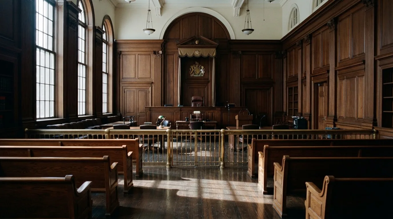 Sala de tribunal vazia com painéis de madeira, à luz da manhã — casino pagamentos em portugal