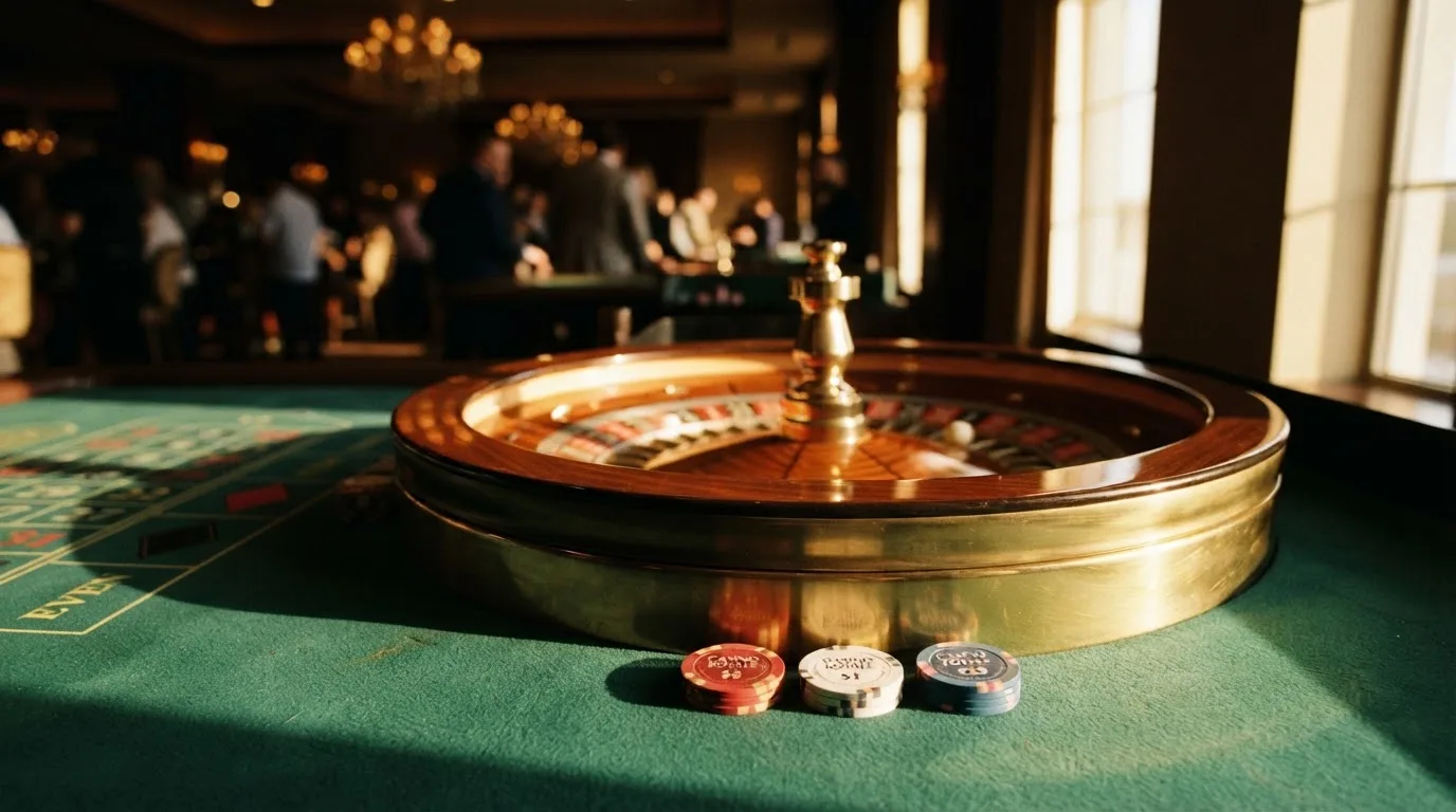 Roda de roleta e fichas sobre feltro verde, sob uma luz quente de fim de tarde — casino pagamentos em portugal