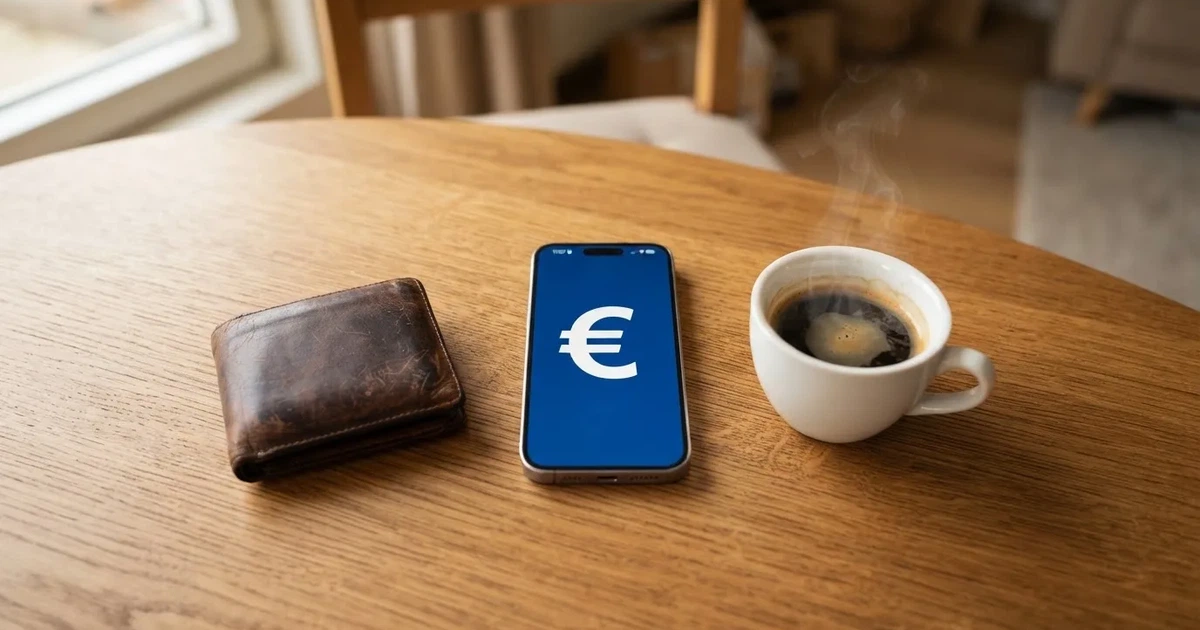 Telemóvel numa mesa de madeira ao lado de uma carteira e de uma chávena de café — casino pagamentos em portugal