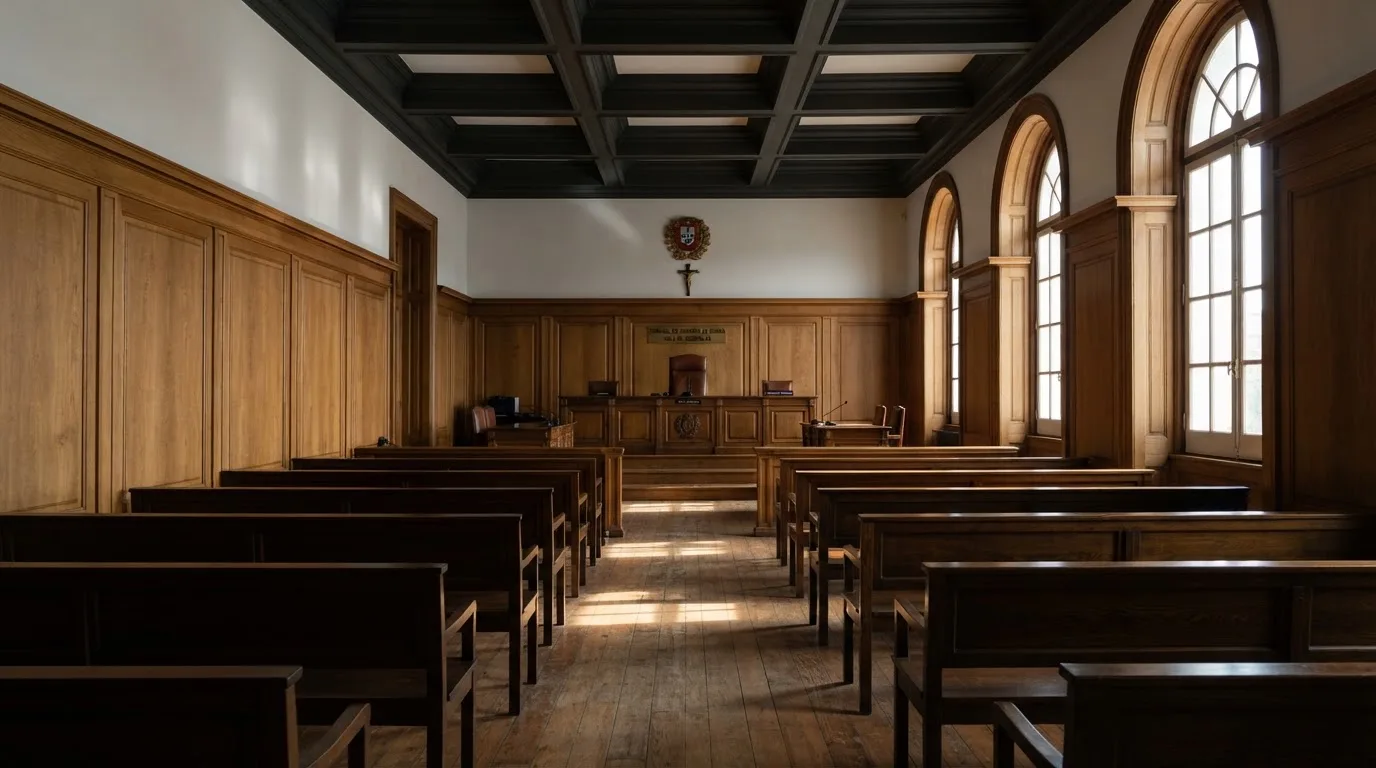 Sala de tribunal vazia com painéis de madeira, à luz da manhã — casino slots portugues