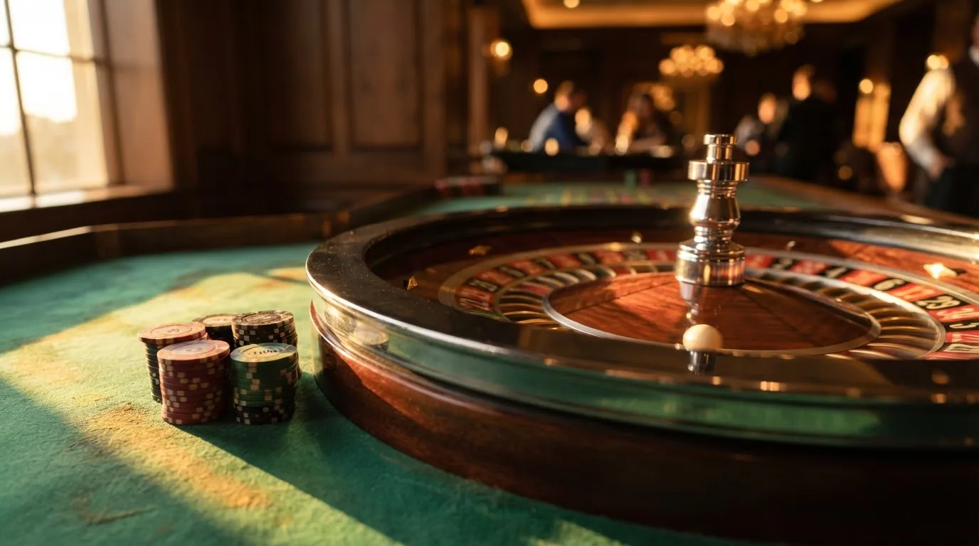 Roda de roleta e fichas sobre feltro verde, sob uma luz quente de fim de tarde — casino slots portugues