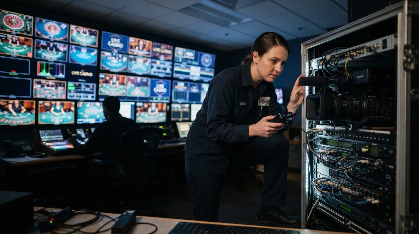 Técnico de uniforme escuro a verificar câmaras e equipamento numa sala de controlo de um estúdio de televisão, com vários monitores desfocados.