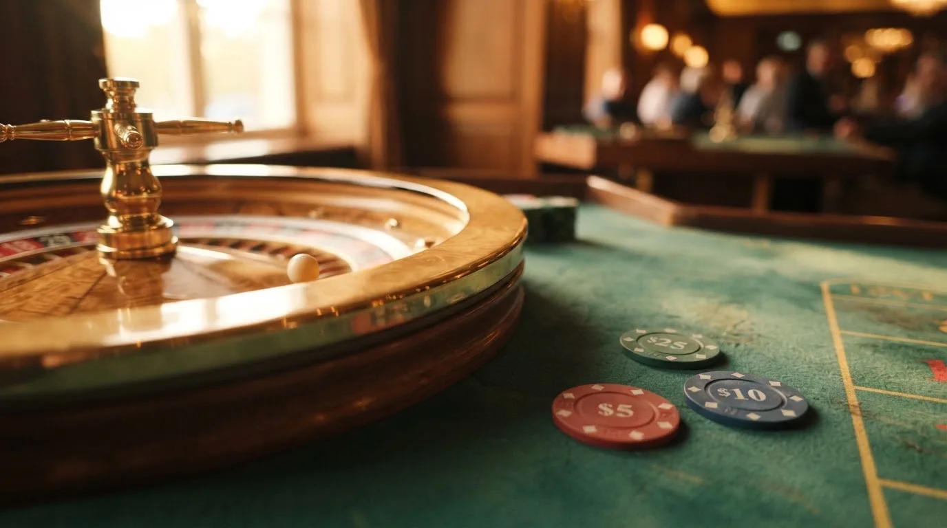 Roda de roleta e fichas sobre feltro verde, sob uma luz quente de fim de tarde — casinos com apple pay em portugal