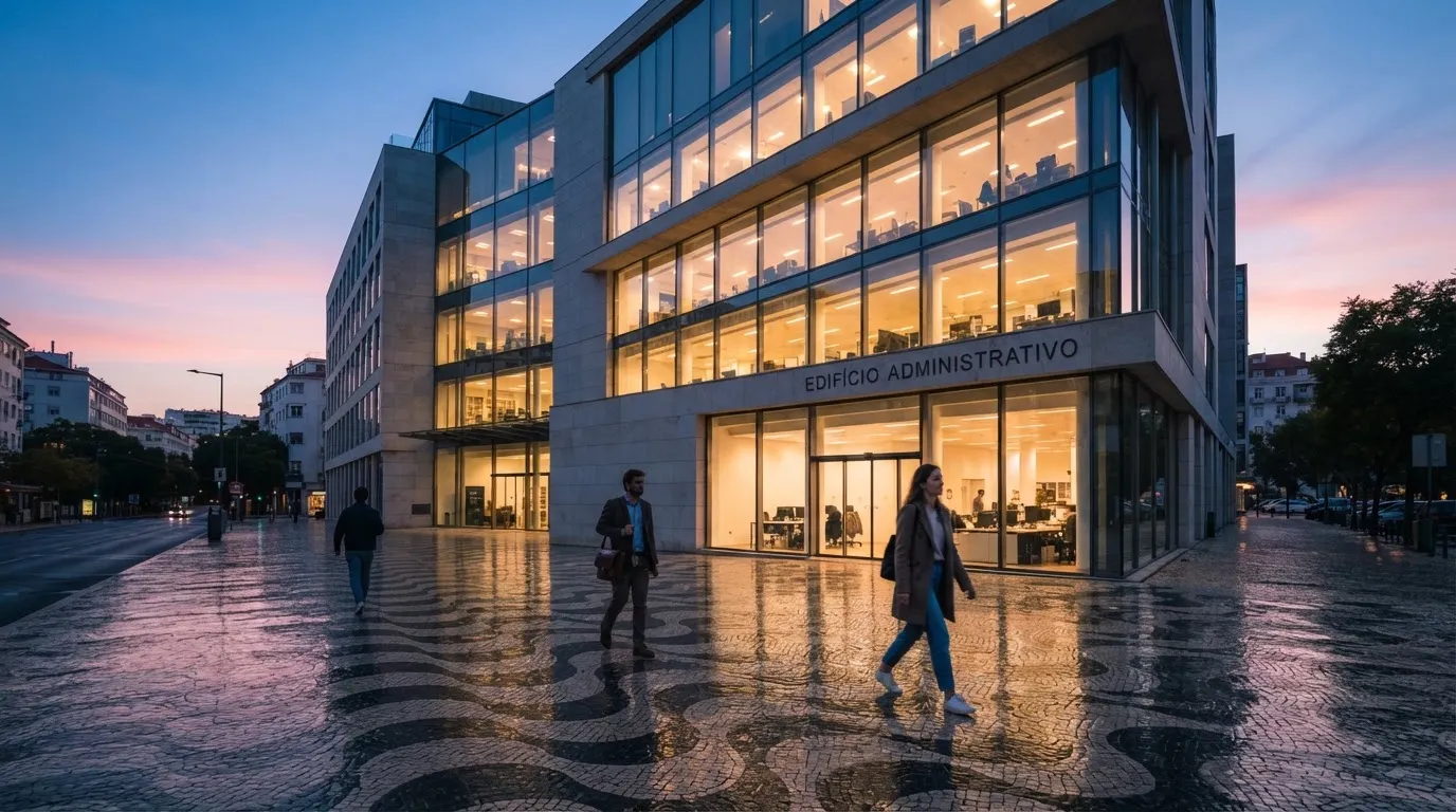 Fachada de um edifício administrativo moderno em Lisboa ao entardecer, com janelas amplas, calçada portuguesa e algumas pessoas a passar.